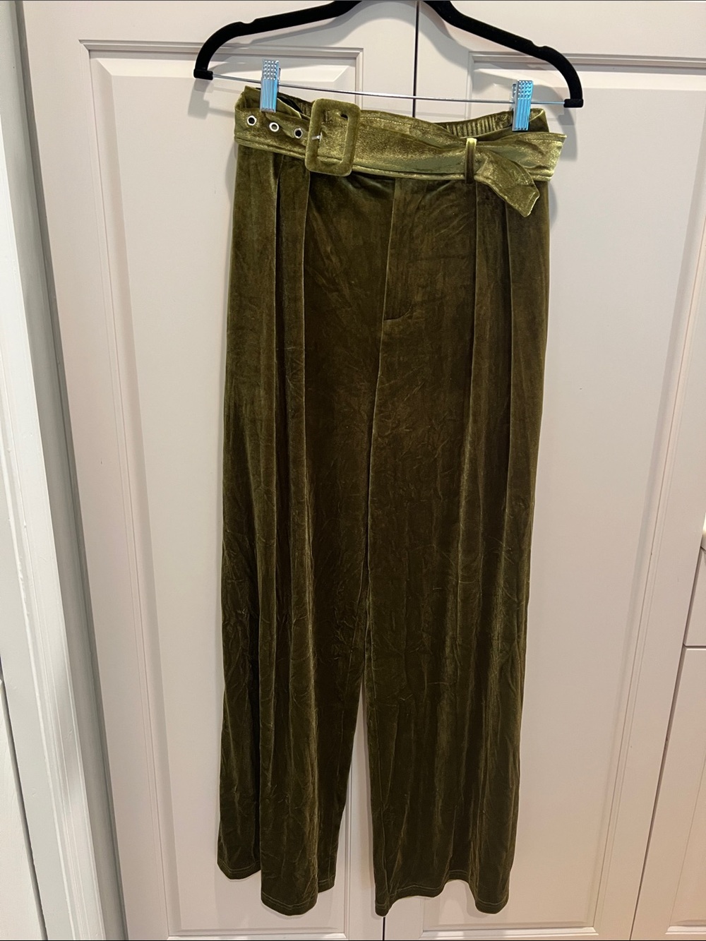 The Commense smallOlive Green Velvet Wide-Leg Pants with Beltway